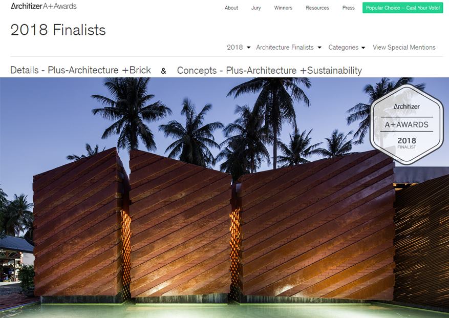 2018 | Popular choice Winner : “Somjai House by NPDA Studio”, Architizer A+ Awards 2018 (USA) : Architecture +Sustainability category 2018 | Finalist : “Somjai House by NPDA Studio”, Architizer A+ Awards 2018 (USA) : Details - Architecture +Brick category