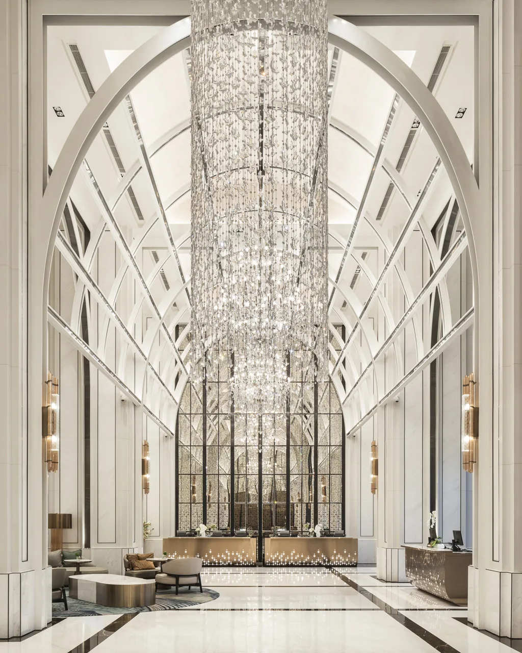 Crystal-drop chandelier over double-height hotel lobby, Eastin Grand Hotel Phayathai