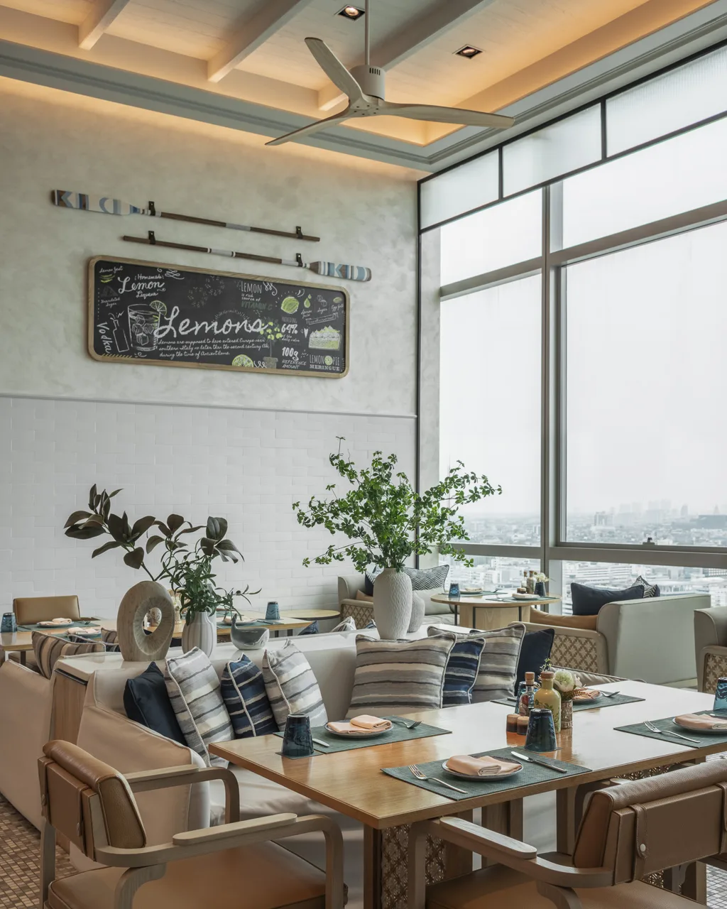 View from bar toward casual seating clusters, Level 22 restaurant